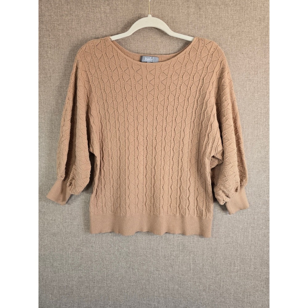 Marled Reunited Clothing Tan Diamond Pointelle Knit Boat Neck Sweater Womens L
